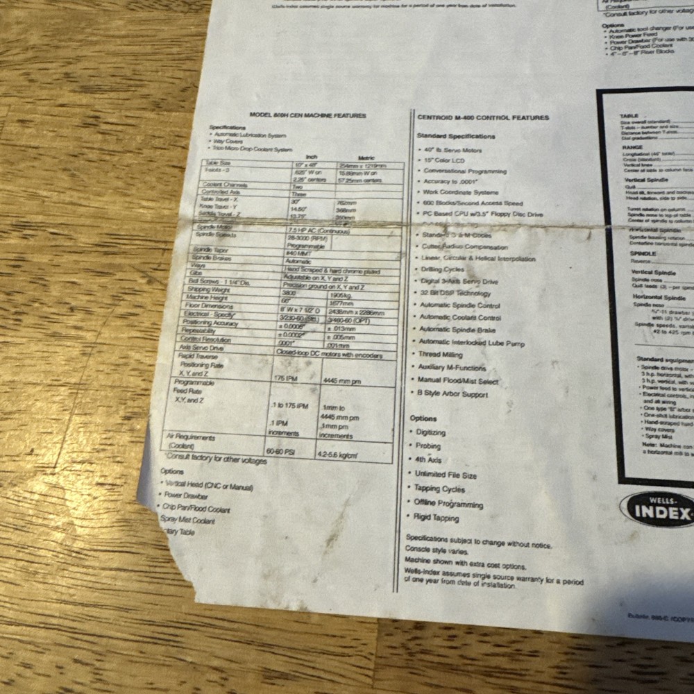 Wells Index Specification Sheet For Convert A Mill, Vector Drive CNC System