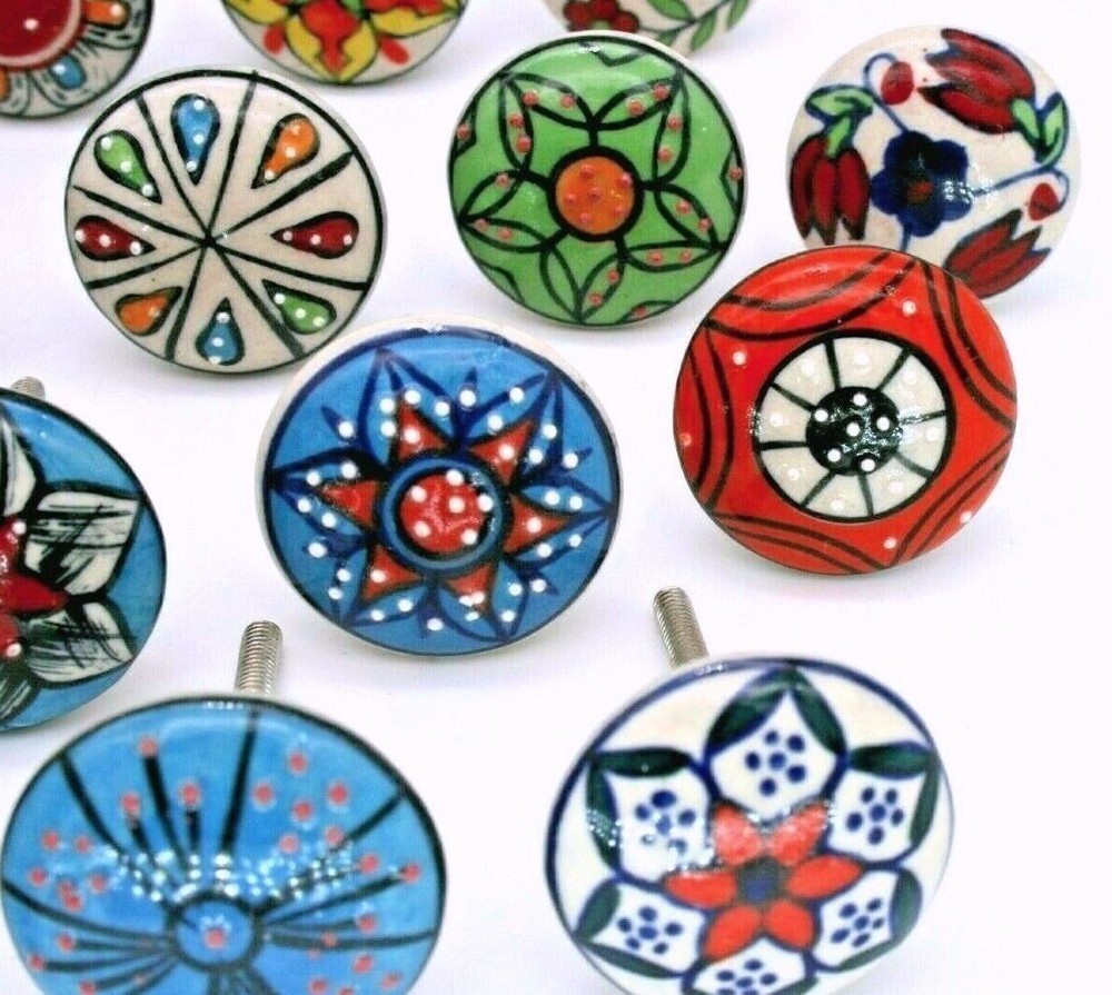 Indian 20 Pc Cabinet Hand Painted Colorful Ceramic Door Knobs Pull Handles