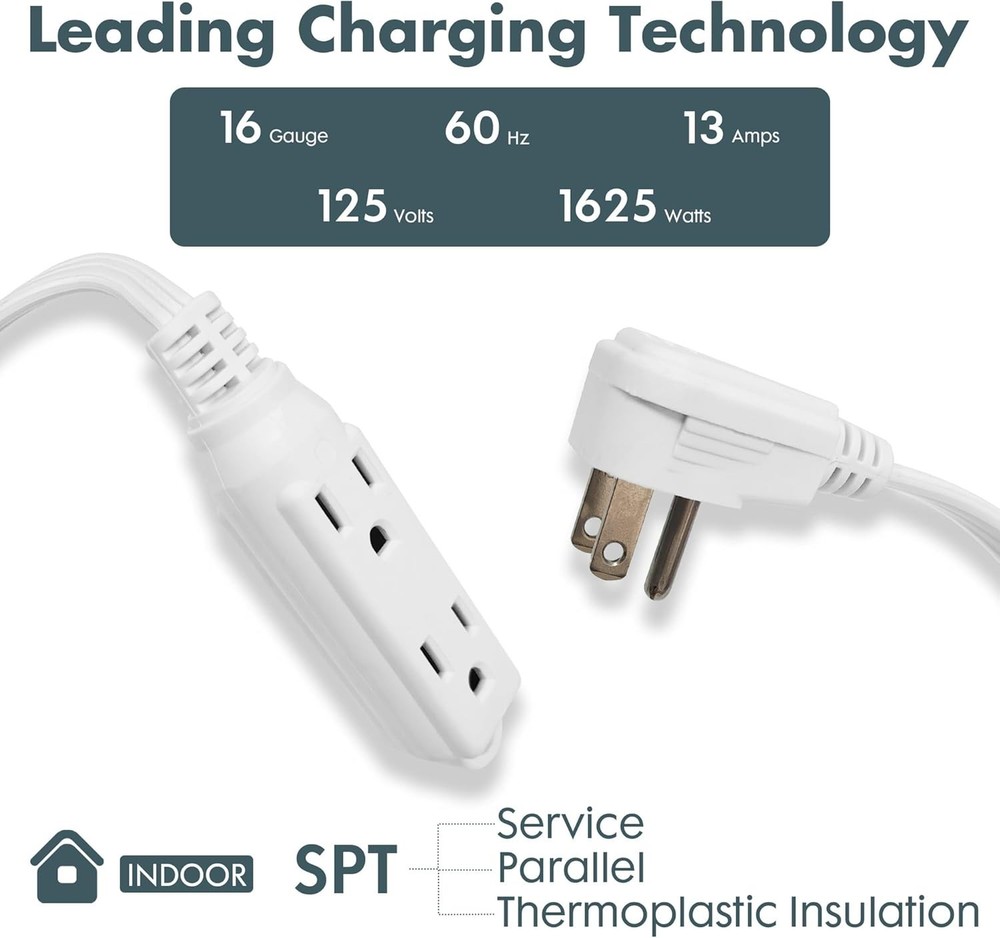 Flat Plug Extension Cord with 3 Outlets Extender, Flat Plug Power Strip, Indo...