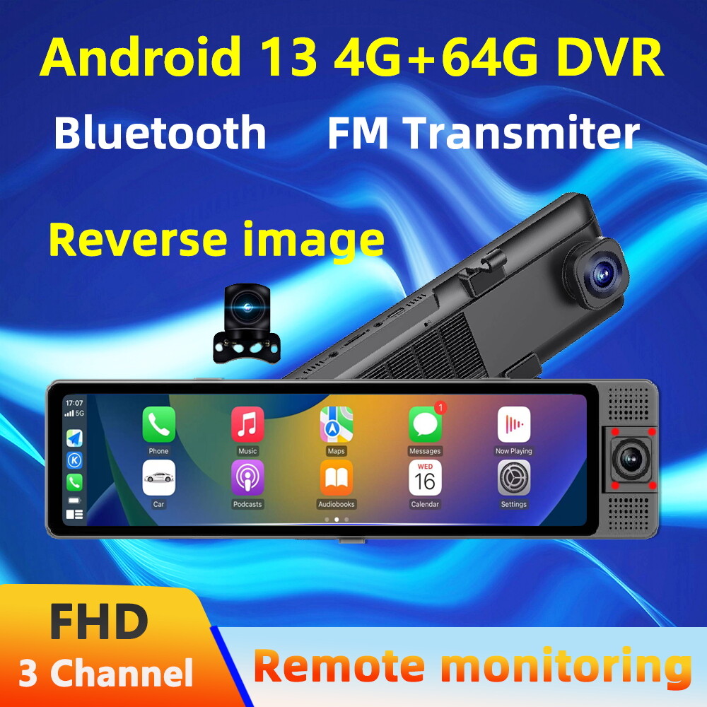 3 Channel 12"Car Rearview Mirror Dash Cam 4G Android 13 GPS Navi Camera Recorder