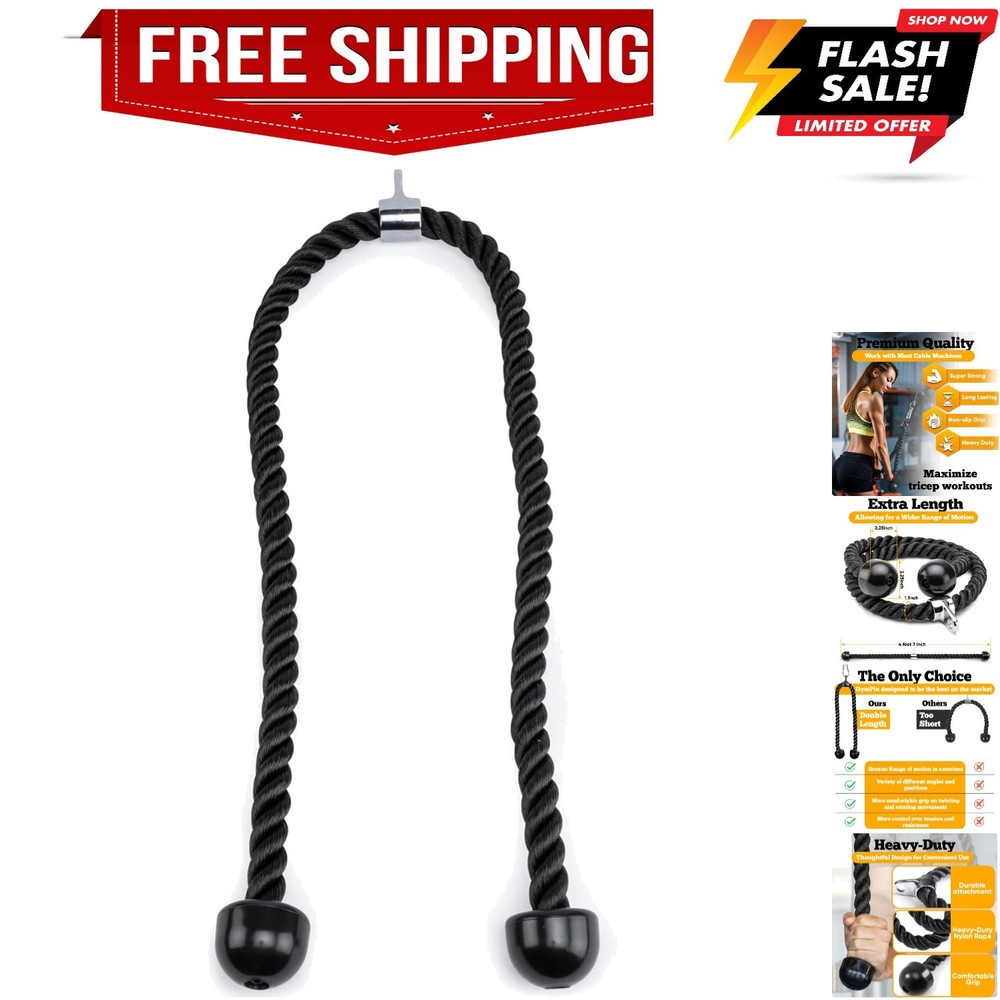 Double Length Tricep Pull Down Rope - 55 Inches Attachment for Cable Machine ...