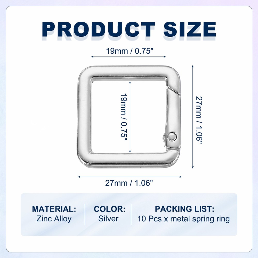 10 Pcs 27mm Square Shaped Spring Snap Keychain Clip for Purses Silver