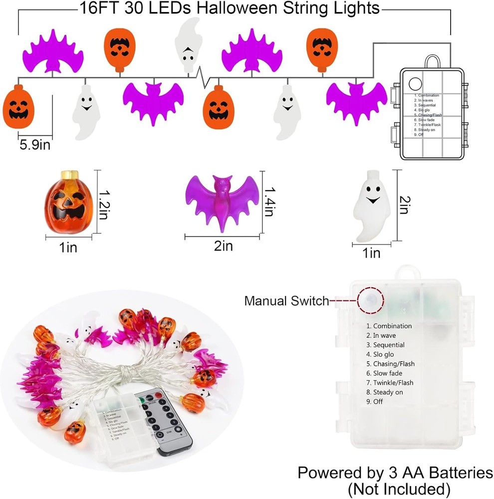Halloween 16FT 30 LED Pumpkin Bat Ghost String Lights, 8 Modes, Timer