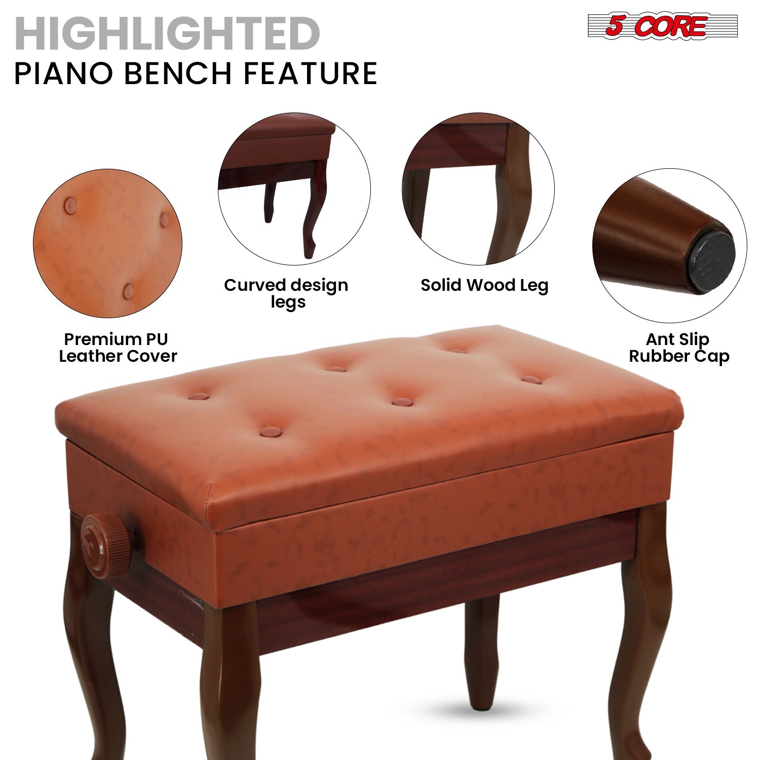 5 Core Piano Bench 3" Padded Cushioned Stool Wooden Heavy Duty Musician Chair