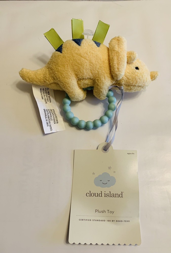 Cloud Island Yellow Soft Plush Dinosaur Toy with Rattle & Silicone Teether Ring