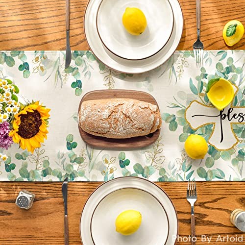 Blessed Cross Eucalyptus Table Runner, Spring 13" x 72", Table Runner Green
