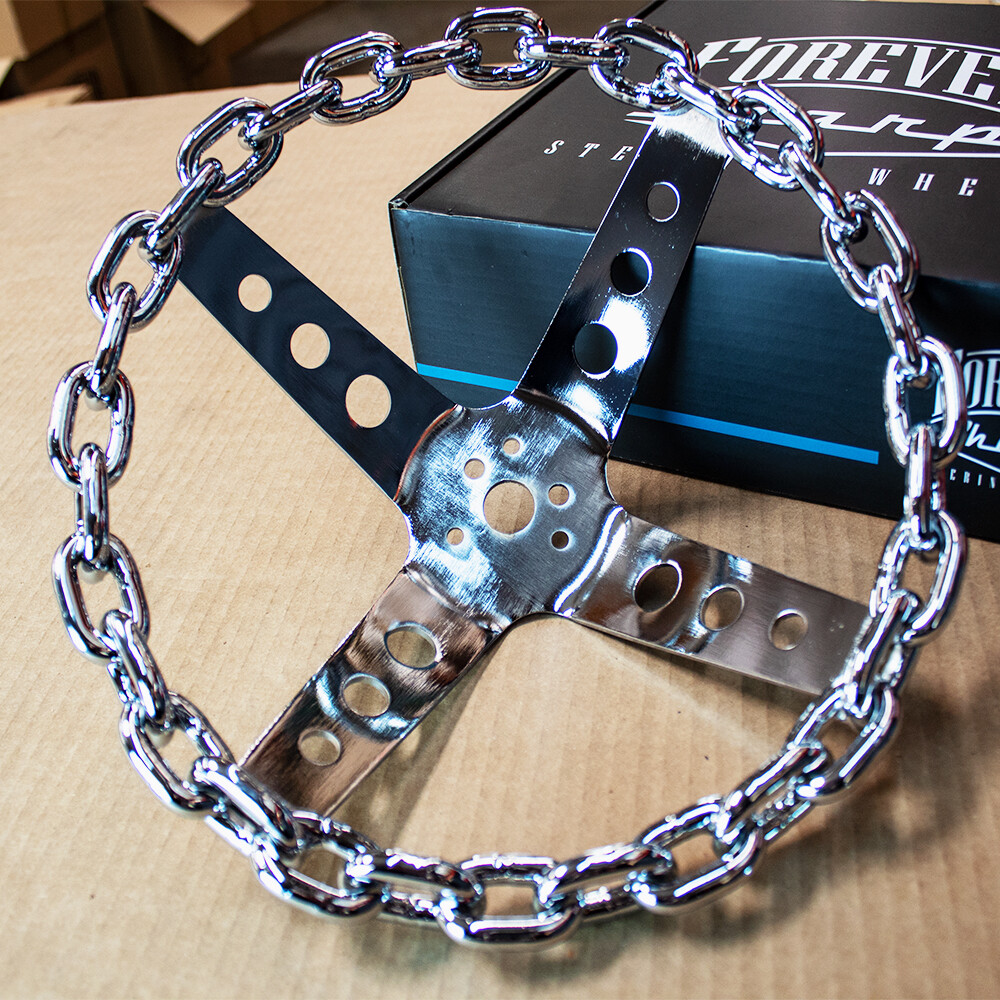 11 Inch Chrome Chain Steering Wheel with Cutout Spokes and Horn Button -3 Hole