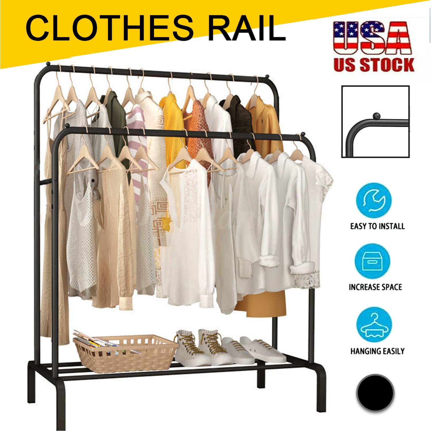 Heavy Duty Clothing Garment Rack Rolling Double Rails Clothes Organizer Hanger