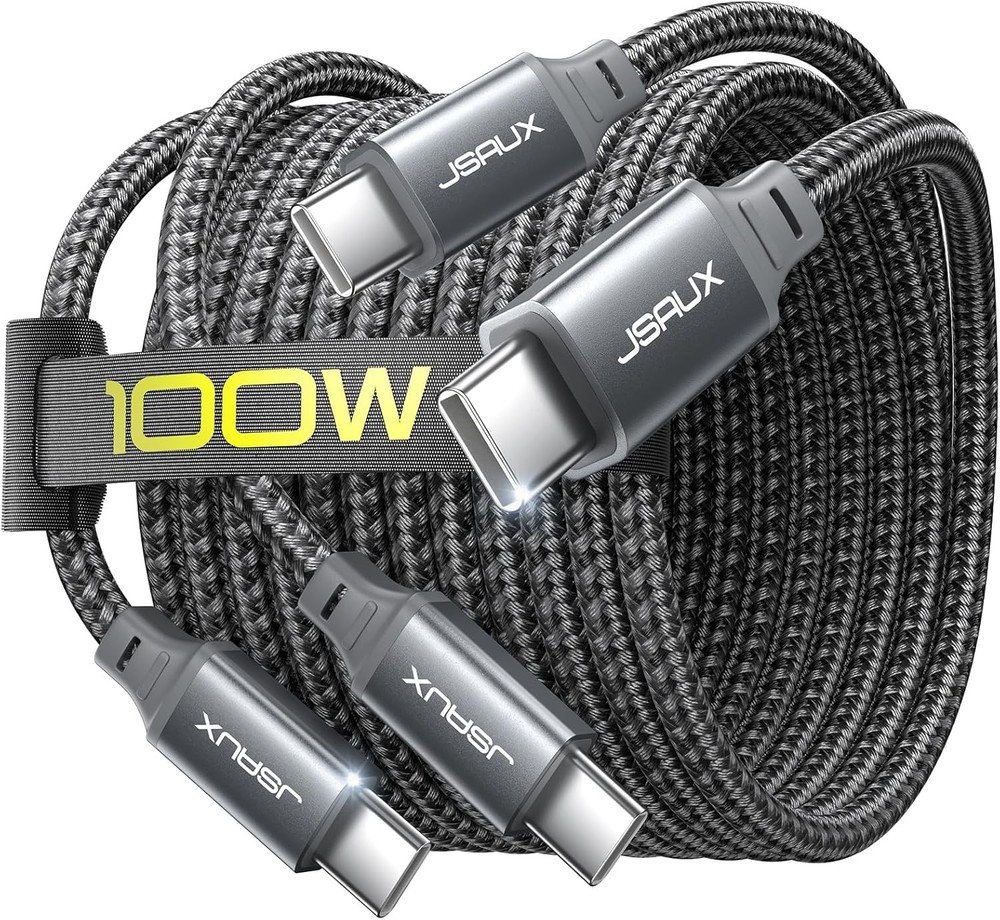 JSAUX 100W USB C to C Cable [2-Pack 10FT], Type C Fast 10ft+10ft, Grey
