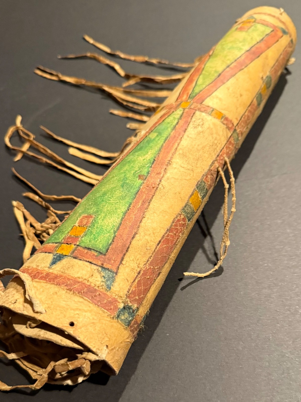 19TH C PLAINS PAINTED PARFLECHE CYLINDER CASE WITH FRINGE, EXCELLENT, NR!