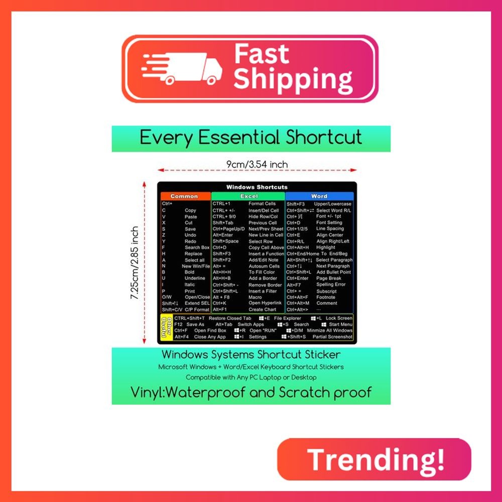 2 Pack Windows 11/10 Shortcut Sticker, Microsoft Windows + Word/Excel Quick Refe