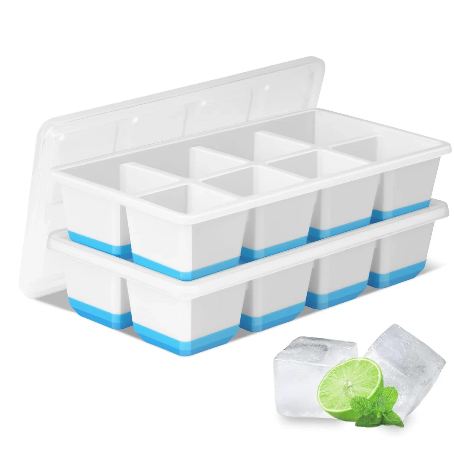 SVOST Large Ice Cube Trays 2 Pack, Silicone Easy-Release Large, Blue White