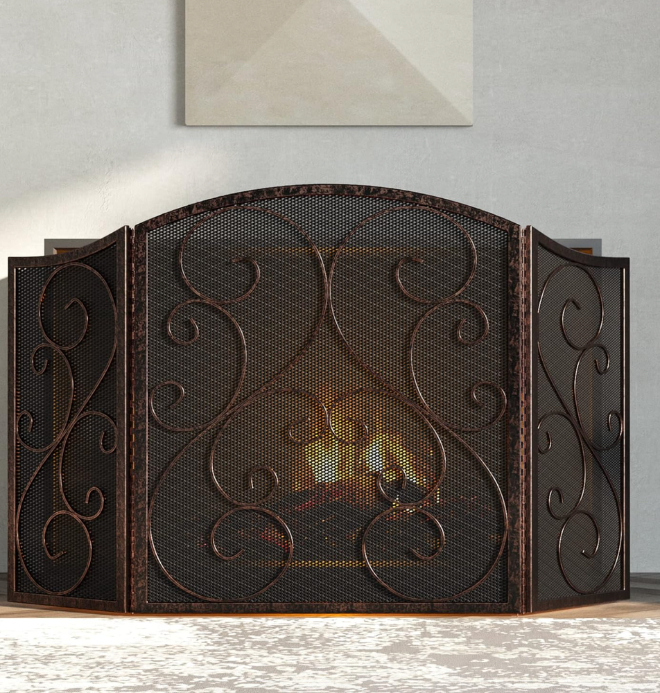 3 Panel Iron Fireplace Mesh Screen Traditional Scroll Metal Brushed Copper Guard