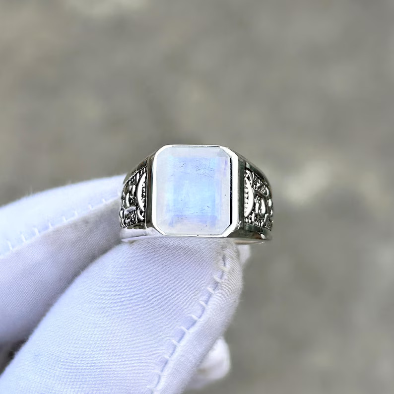 Rainbow Moonstone Ring Mens Solid 925 Silver Handmade Statement Ring
