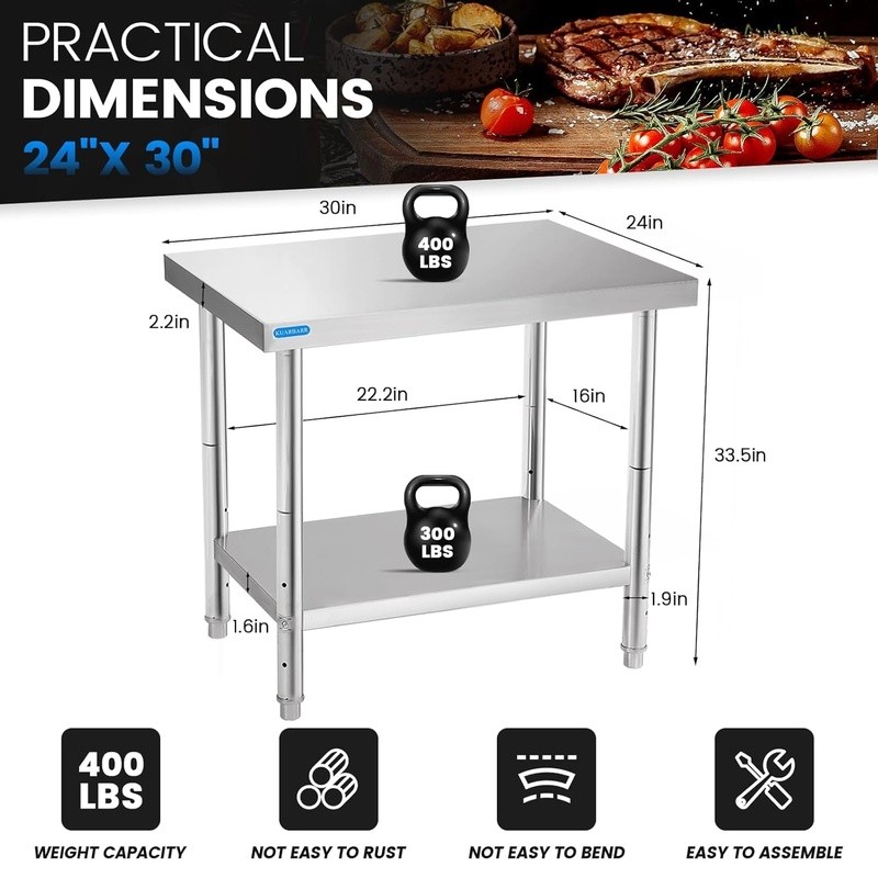 Heavy Duty Stainless Steel Prep Work Surface Adjustable Undershelf NSF Certified