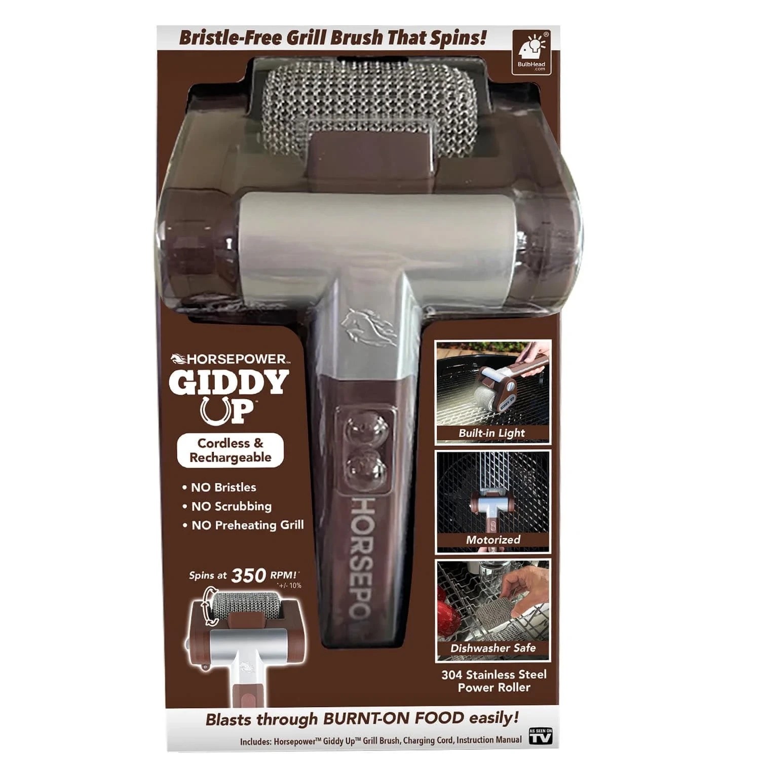Horsepower Giddy Up Bristle-Free Spinning Grill Brush BBQ - Free Shipping