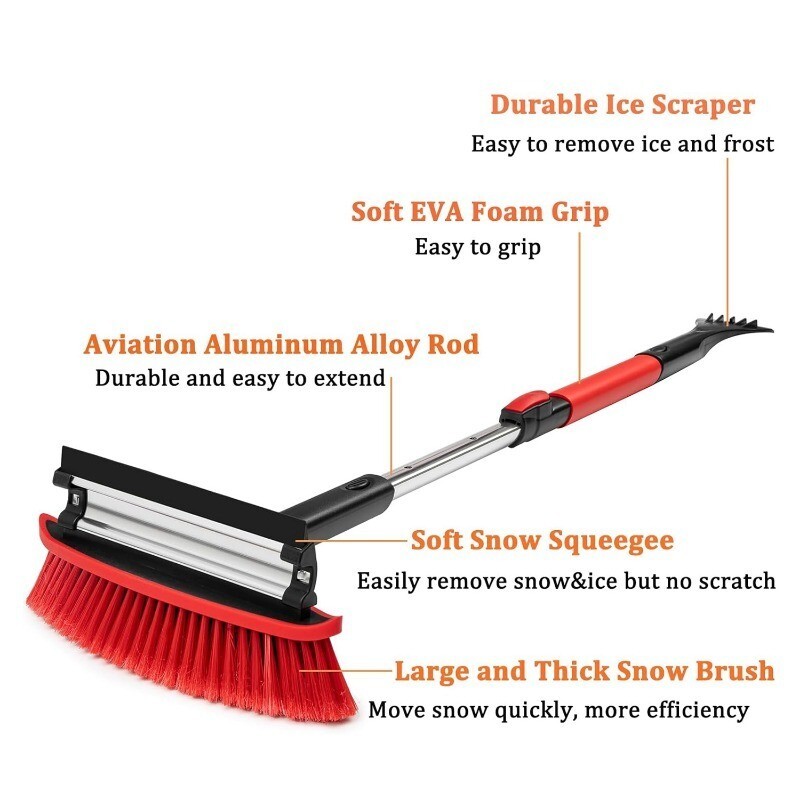 CarCarez Windshield Ice Scraper, Car Window Snow Removal Broom for Winter, Red