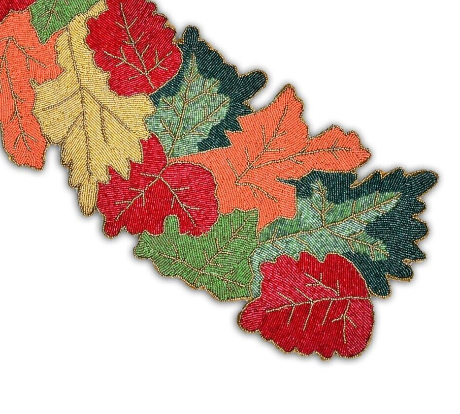 Multicolor Leaves Table Runner Beaded Fall Table Runner Autumn Tableware 13X36In