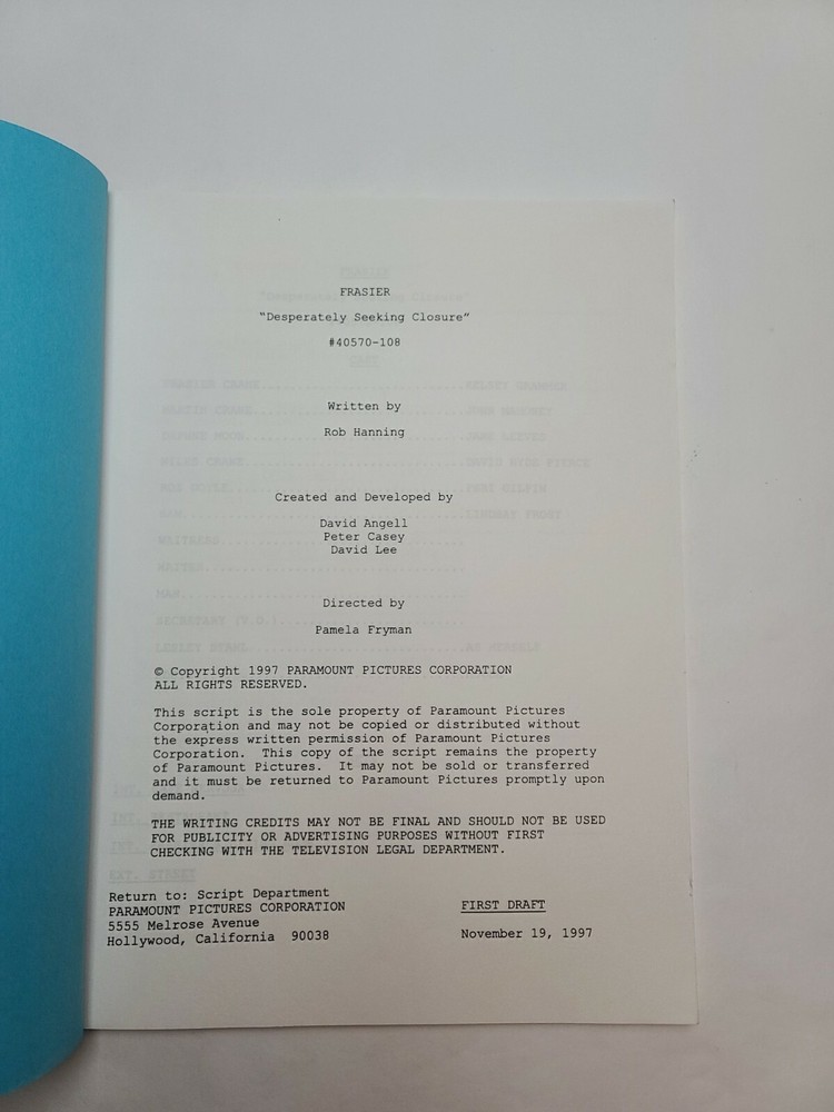 FRASIER / Rob Hanning 1997 TV Script, Amy Landers "Desperately Seeking Closure"