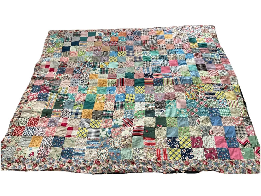 Vintage Patchwork Knotted Flour Sack Material Quilt 80” X 68”