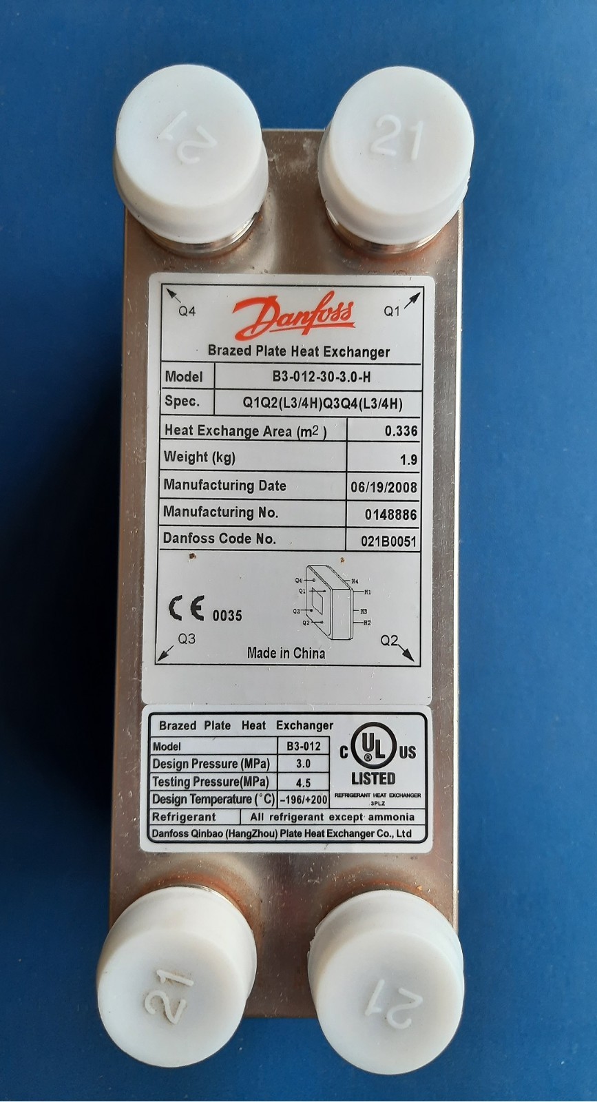 Danfoss UL Listed Stainless Steel Plate Heat Exchanger 30 Plate 3"x8" 3/4" Male