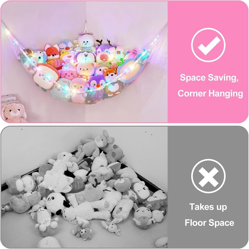 Triangular LED Toy Storage Hammock for Stuffed Animals - Space-Saving Corner Net