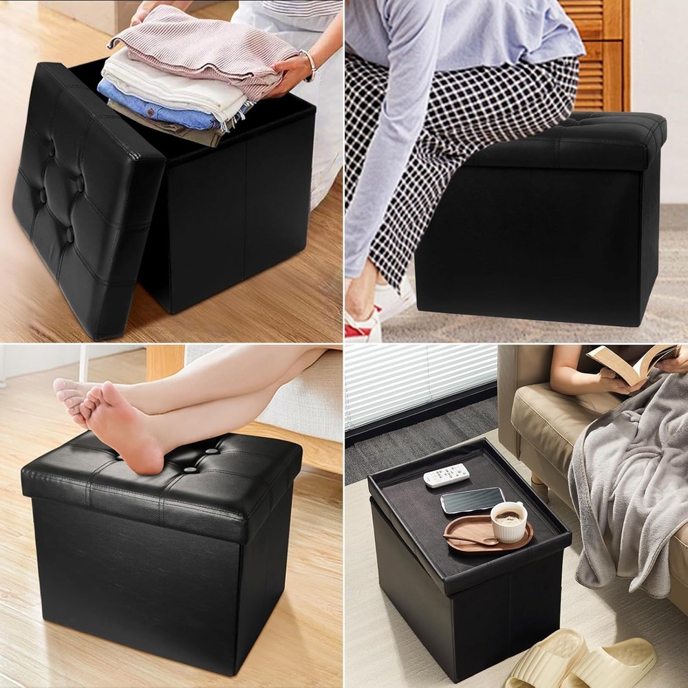 Compact Rectangular Footstool with Storage, Leather Upholstery, 17 x 13 Inches