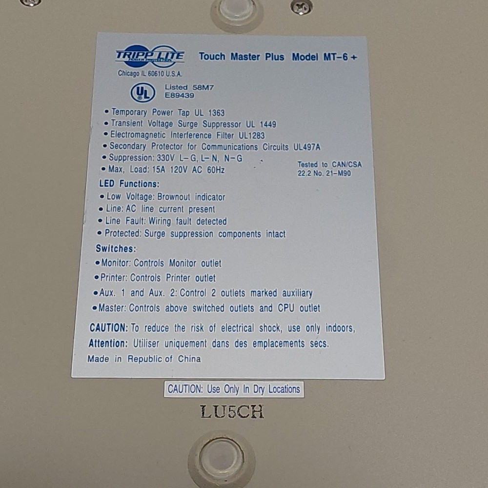 Tripp Lite Isobar Touchmaster Plus Model MT6PLUS Tested Working