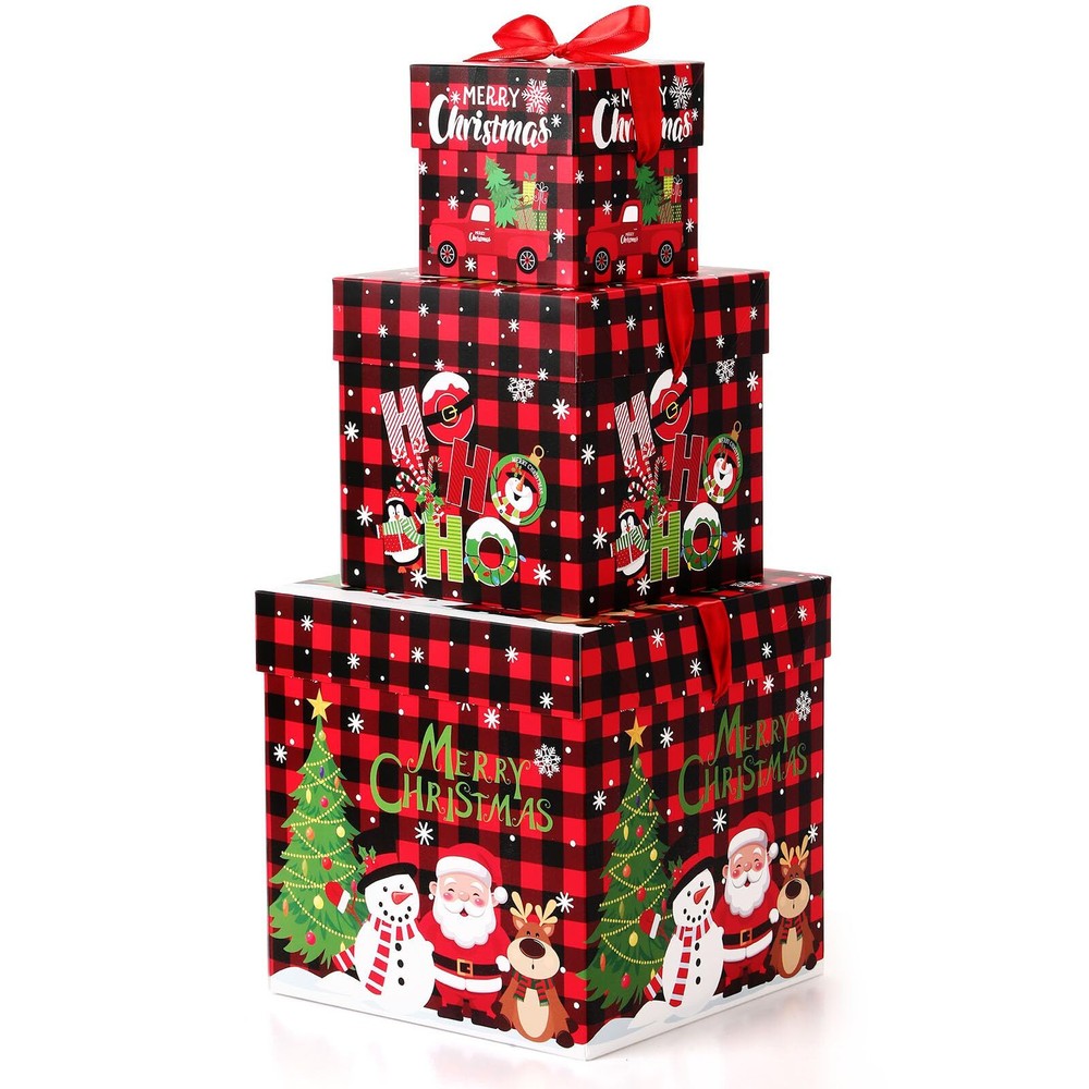 3 Pcs Christmas Nesting Gift Boxes Buffalo Plaid Xmas Stackable Boxes Black R...