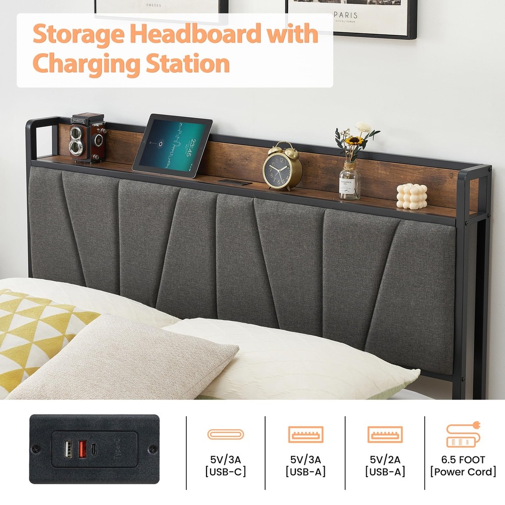 Queen Size Bed Frame Headboard Platform Bed Frame w/Drawers & Charging Station