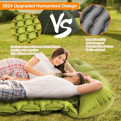 Double Sleeping Pad, Ultralight 4" Extra-Thick Self Inflating Army Yellow