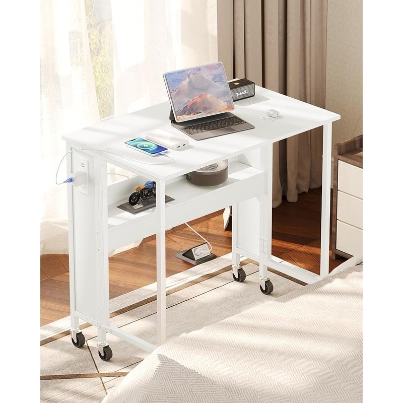 Folding Computer Desk W/ Power Outlets USB Ports Mobile Storage Solutions