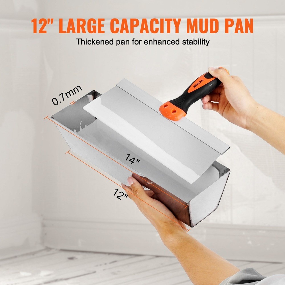 6PC Drywall Tool Set: Stainless Scraper, Putty & Taping Knives, 12in Mud Pan