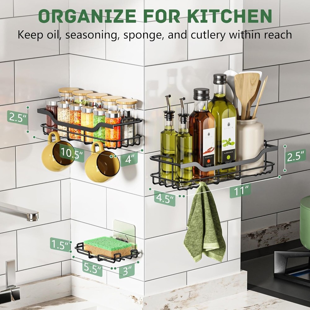 Versatile Rustproof Shower Caddy Set with Easy 2-Step Installation - BlackLarge