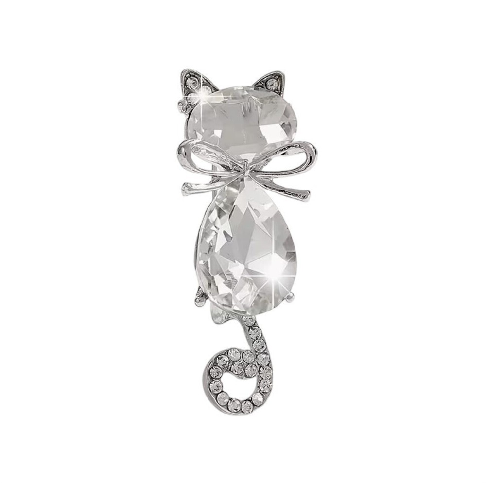 Clear Crystal Cat Brooch Silver Tone