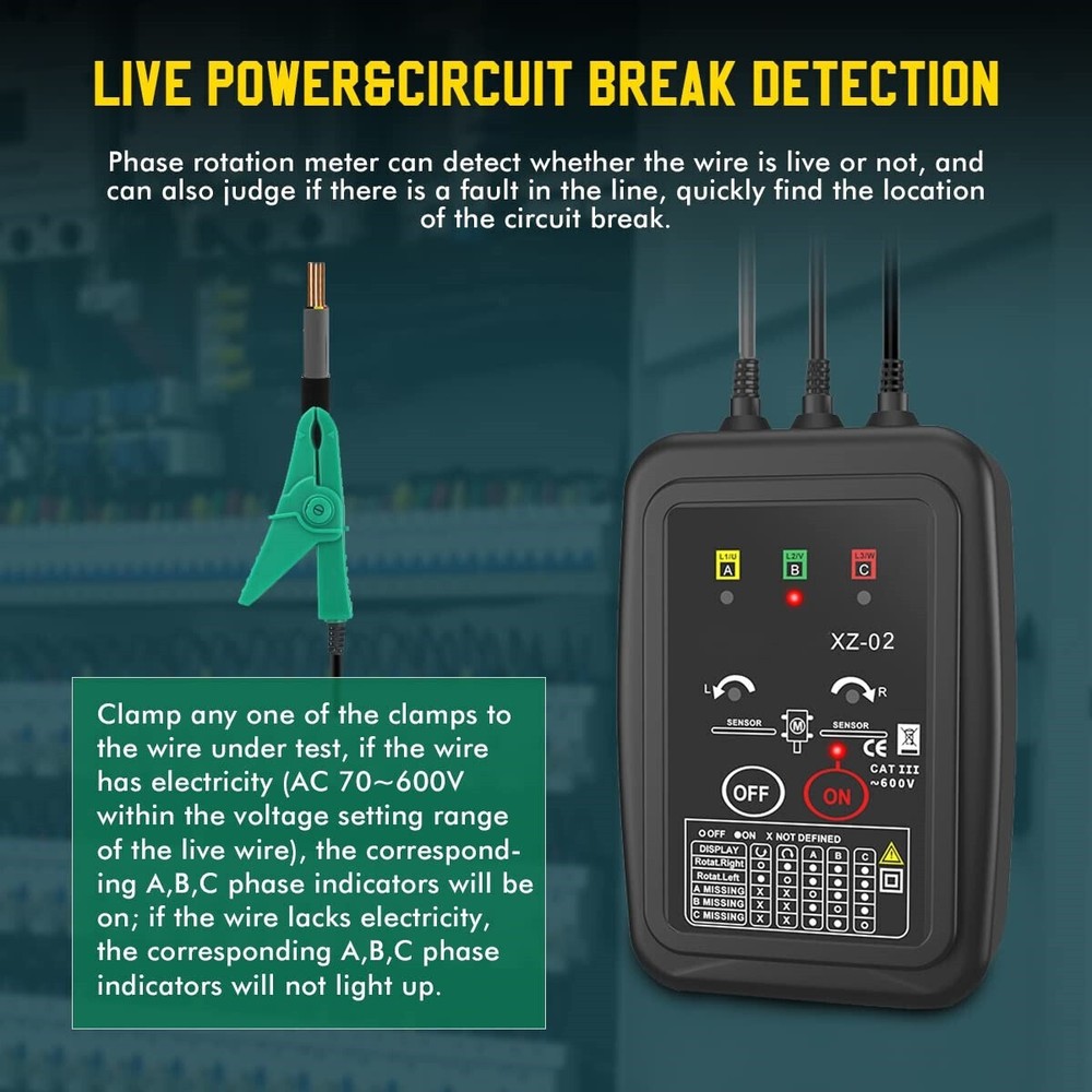 Rotation Meter 3Phase Sequence Detection Circuit Break Live Power Voltage Detect