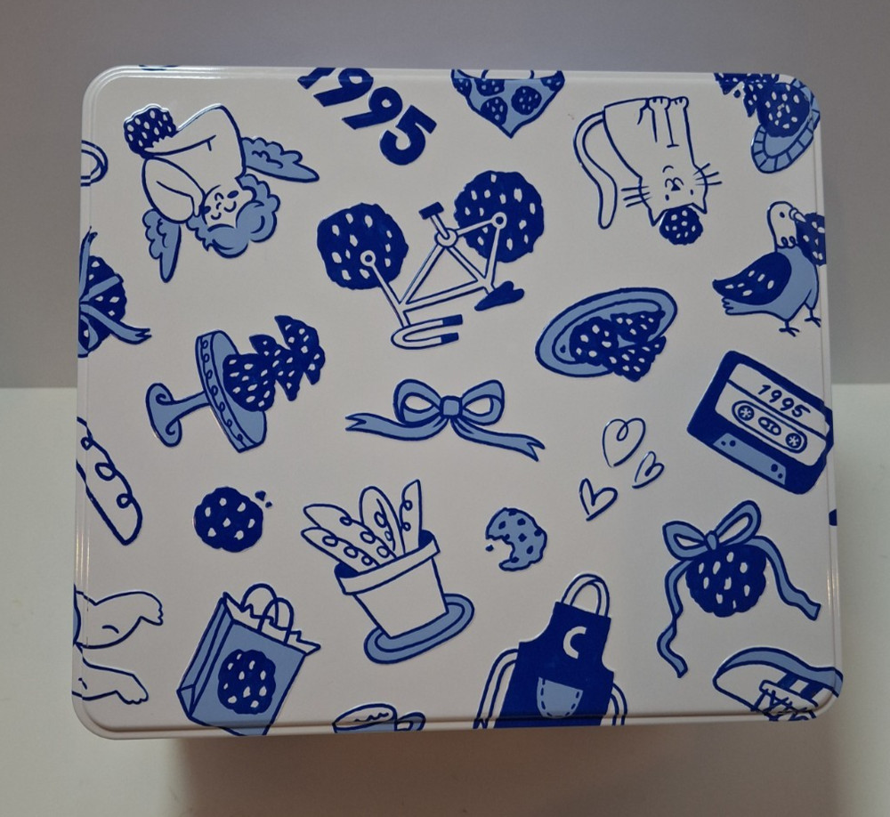 Levian Bakery Embossed Tin Container w/Lid 30th Anniversary Blue & White Empty