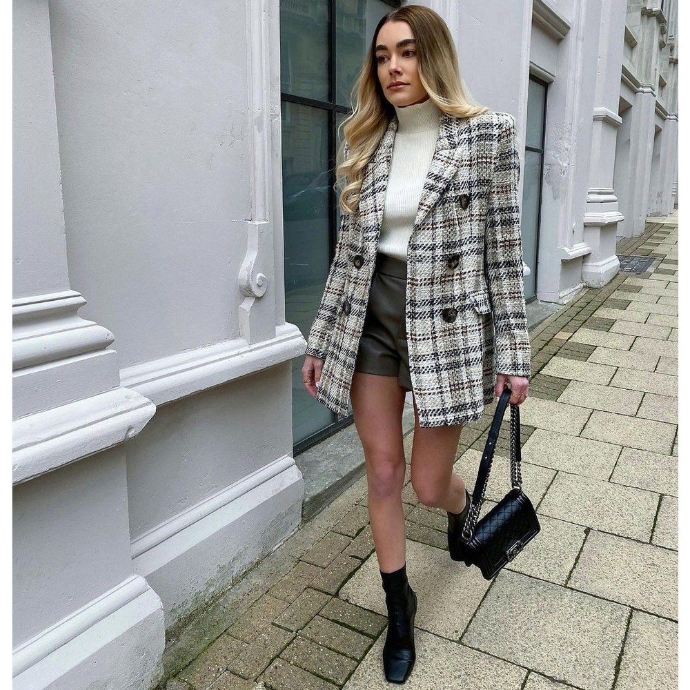 ZARA Wool-Blend Double Breasted Plaid Blazer NWT