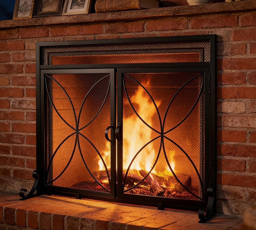 Fireplace Screen W/ Magnetic Doors,Handcrafted Wrought Iron Classical Scroll