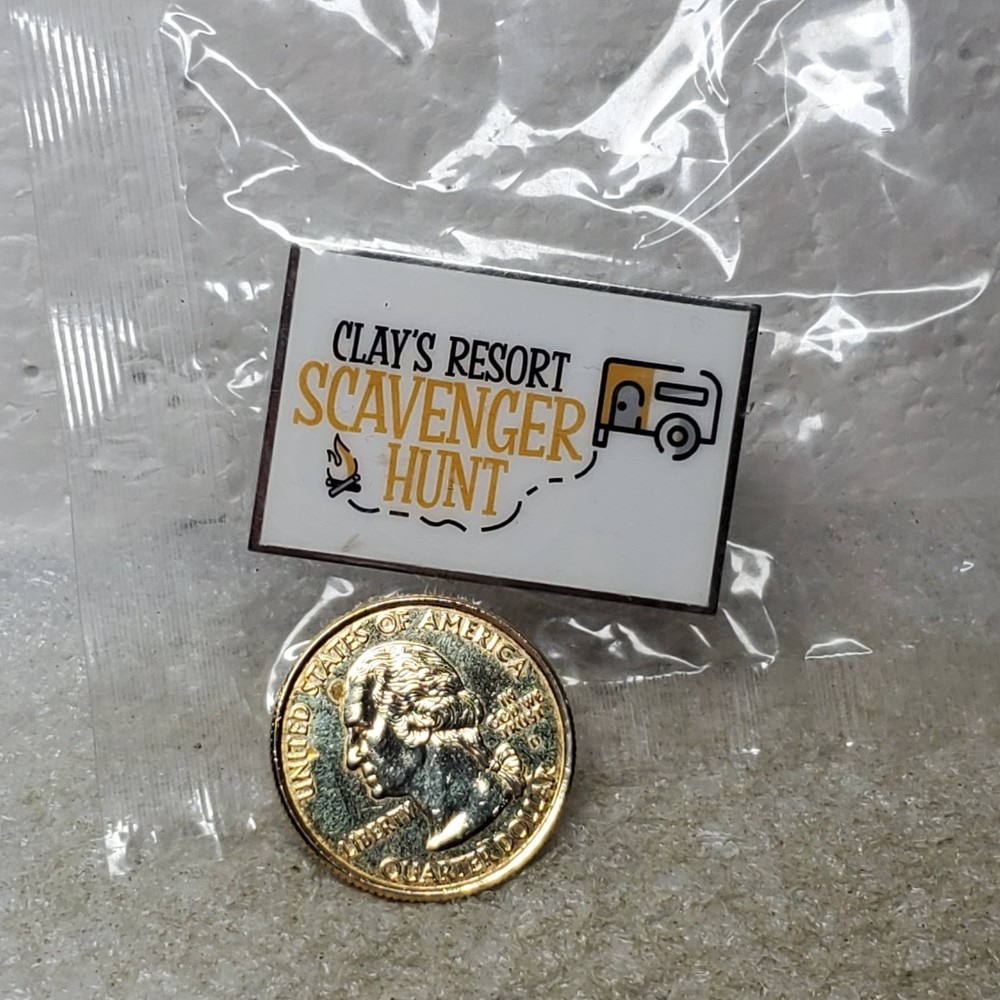 Clay's Resort Scavenger Hunt Pinback Button Rectangular USA Made