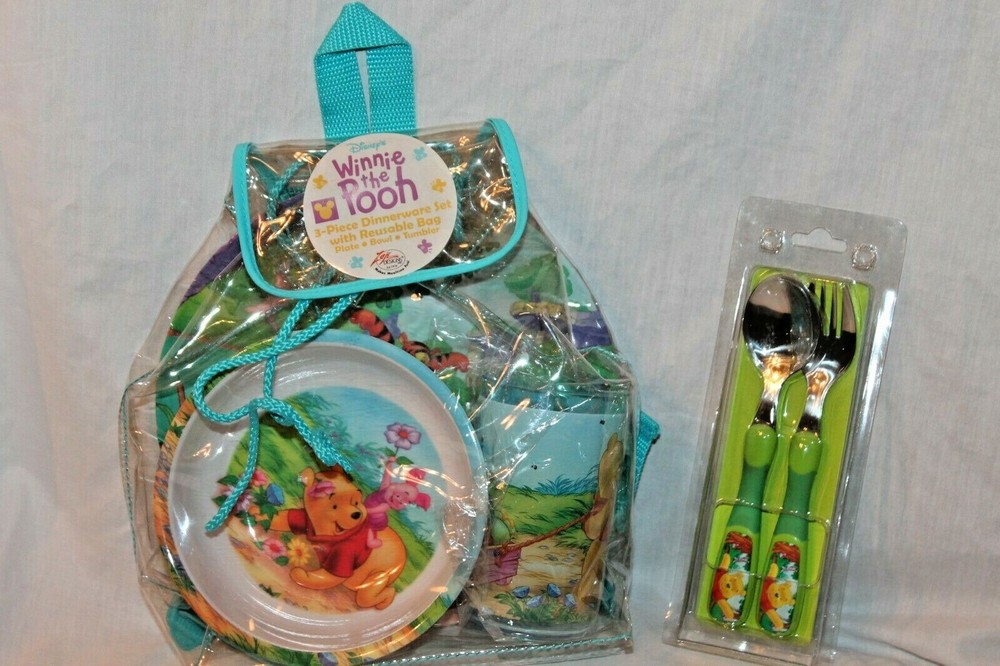 NEW WINNIE THE POOH  5 PIECE DINNERWARE SET PLATE, BOWL AND TUMBLER FORK ,SPOON