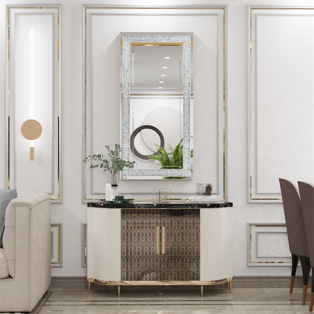Crystal Crush Diamond Rectangle Silver Mirror for Wall Decor HD Frameless Mirror