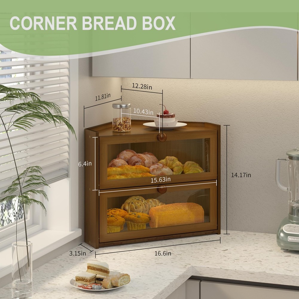 Corner Bread Box for Kitchen Countertop, Large Bread Container Storage Bamboo...