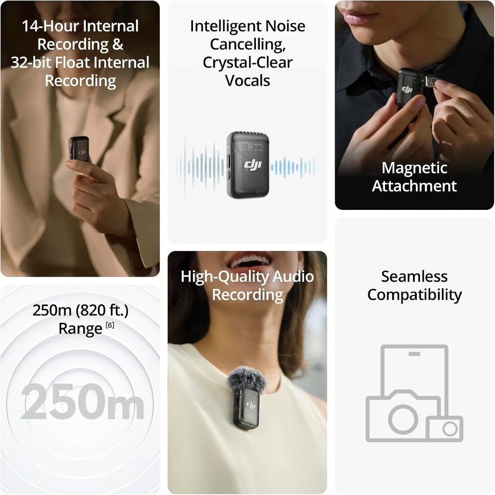 DJI Mic 2(1TX+1RX),Wireless Microphone 250m Range for iPhone,Android,Camera,Vlog