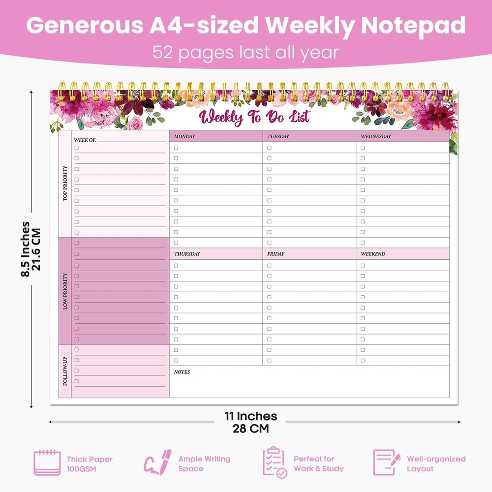 Weekly To Do List Notepad with 52 Undated Sheets（8.5"×11"）- U