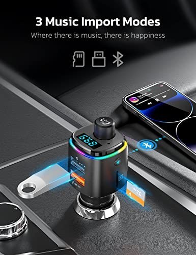 Bluetooth FM Transmitter Car Adapter, QC3.0 Fast Charge, Wireless Radio Kit, 7 C