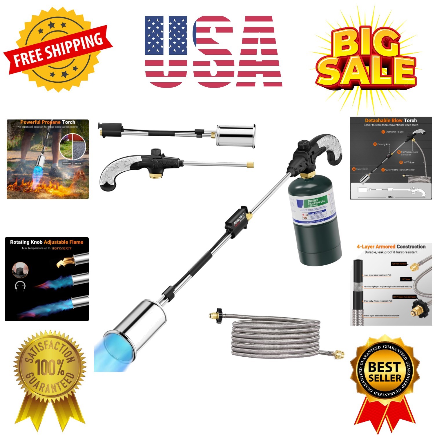 Propane Torch Weed Burner with 10 FT Hose, High Output Weed Torch Flamethrowe...