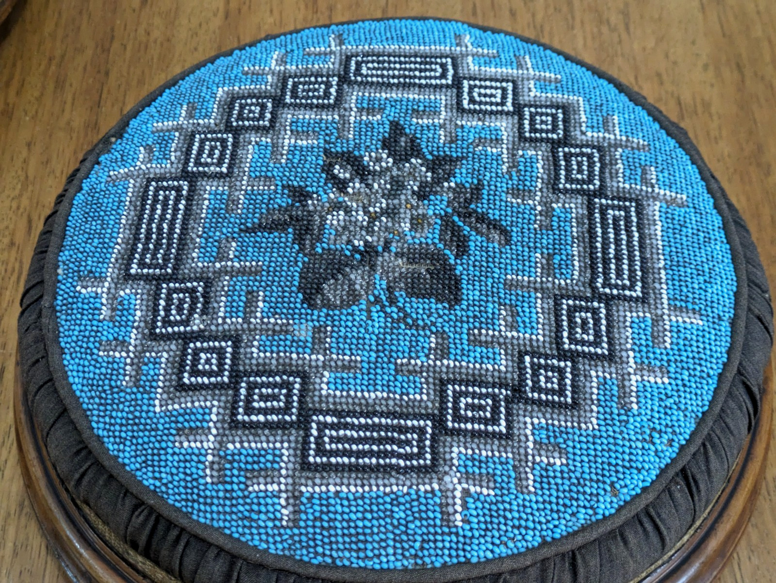 Victorian 19th Century Pair Walnut Turquoise Beadwork Bunfeet Footstools Antique