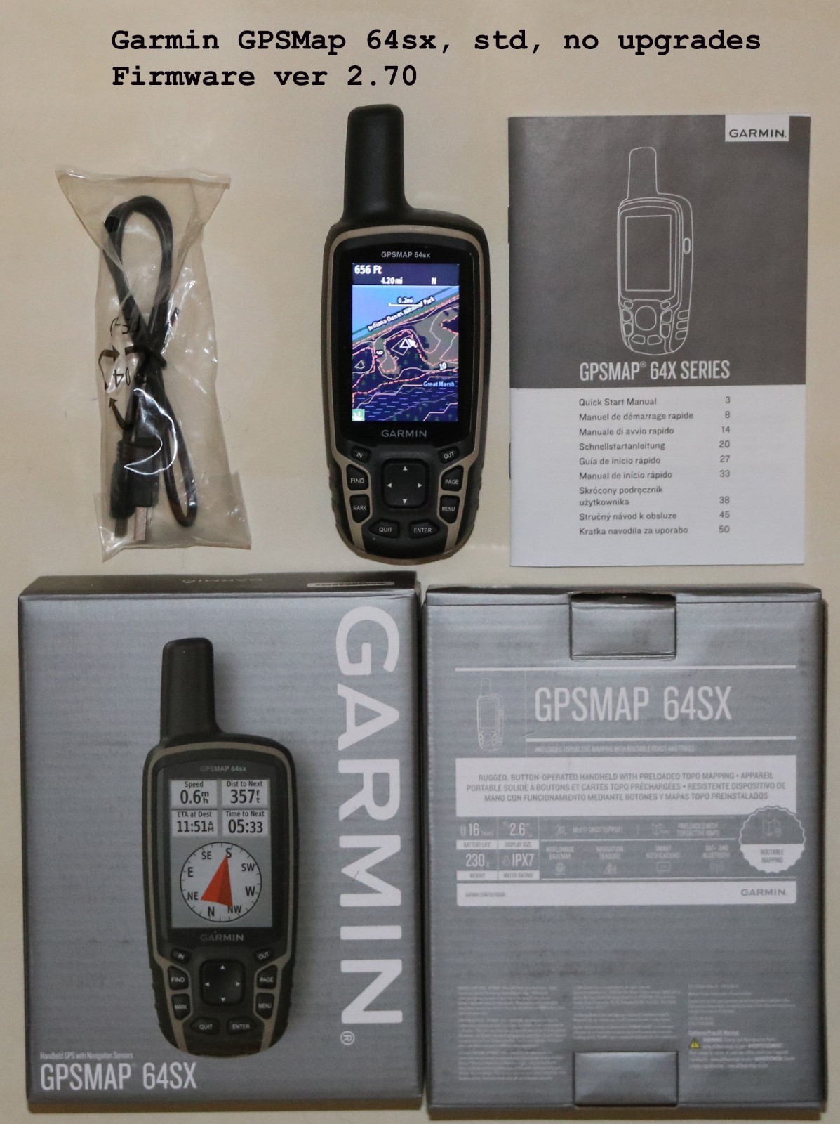 Garmin GPSMap 64sx NIB, Optional Rchg Bat; f/w 3.10 w 18GB Maps on 32GB µSD