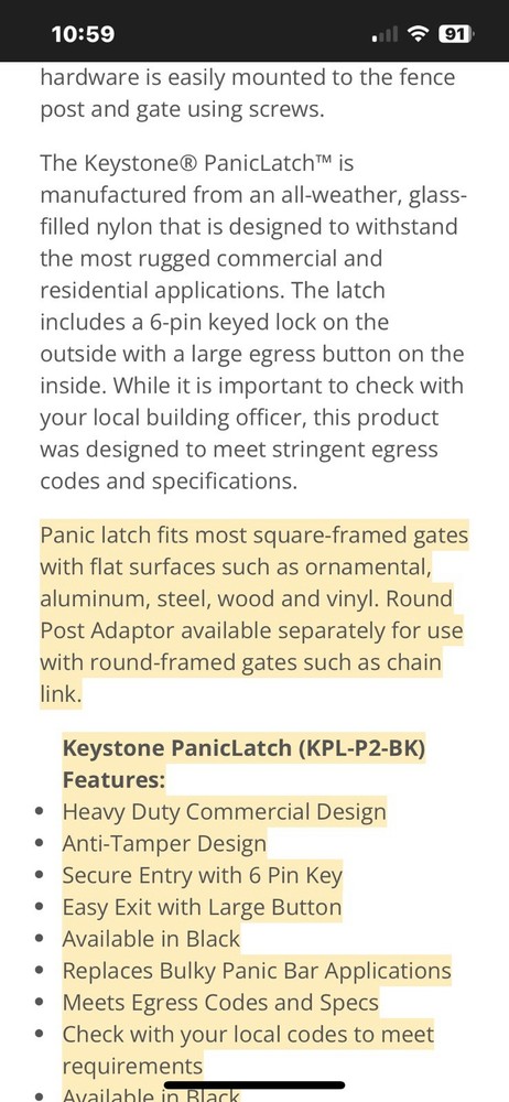 Fence Gate Latch-Keystone Self-Locking PanicLatch Keyed, Black, KPL-P2-BK